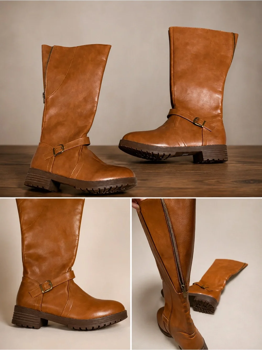 Classic Tall Buckle Riding Boots in Cognac